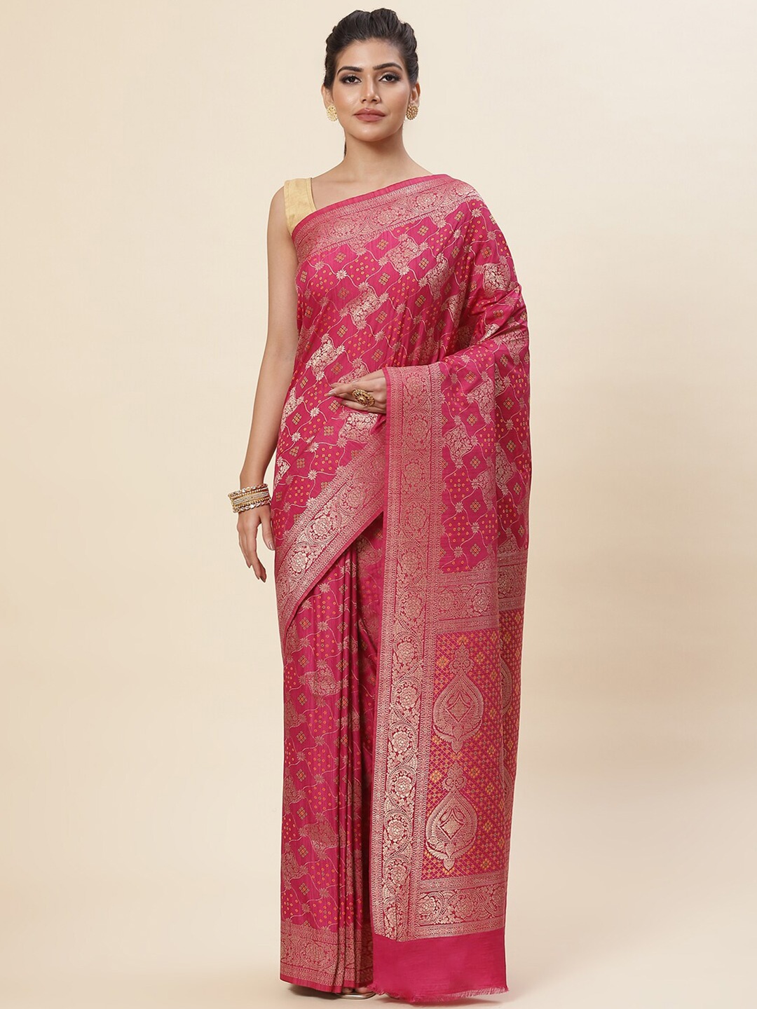 

Meena Bazaar Woven Design Zari Art Silk Saree, Pink