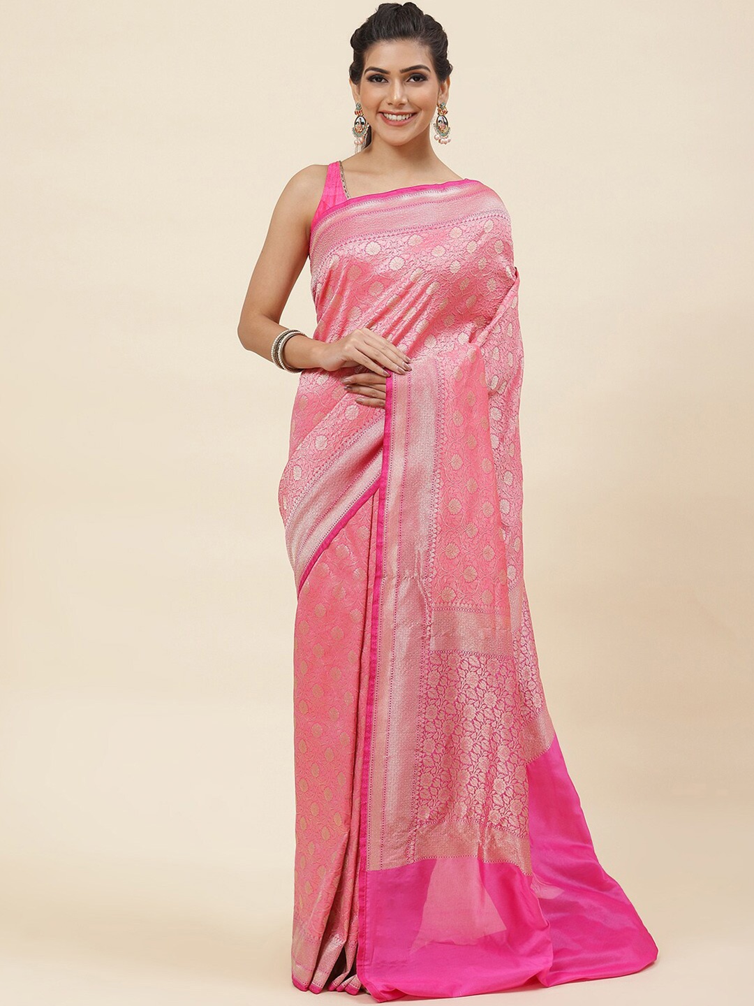 

Meena Bazaar Ethnic Motifs Woven Design Zari Pure Silk Saree, Pink