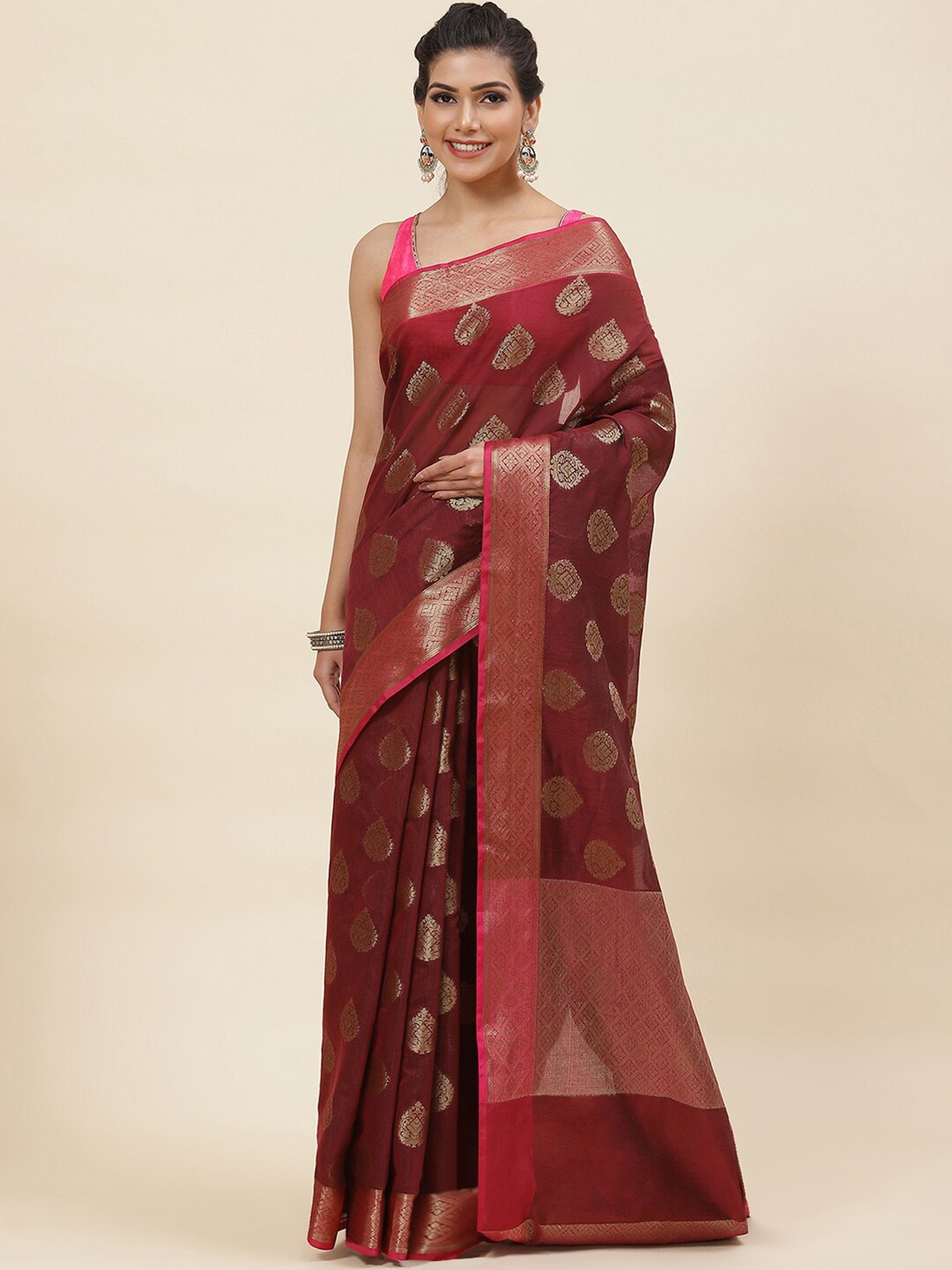 

Meena Bazaar Ethnic Motifs Woven Design Zari Pure Cotton Saree, Maroon