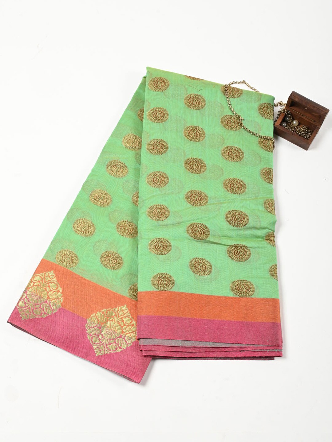 

Meena Bazaar Ethnic Motifs Woven Design Zari Pure Cotton Saree, Green