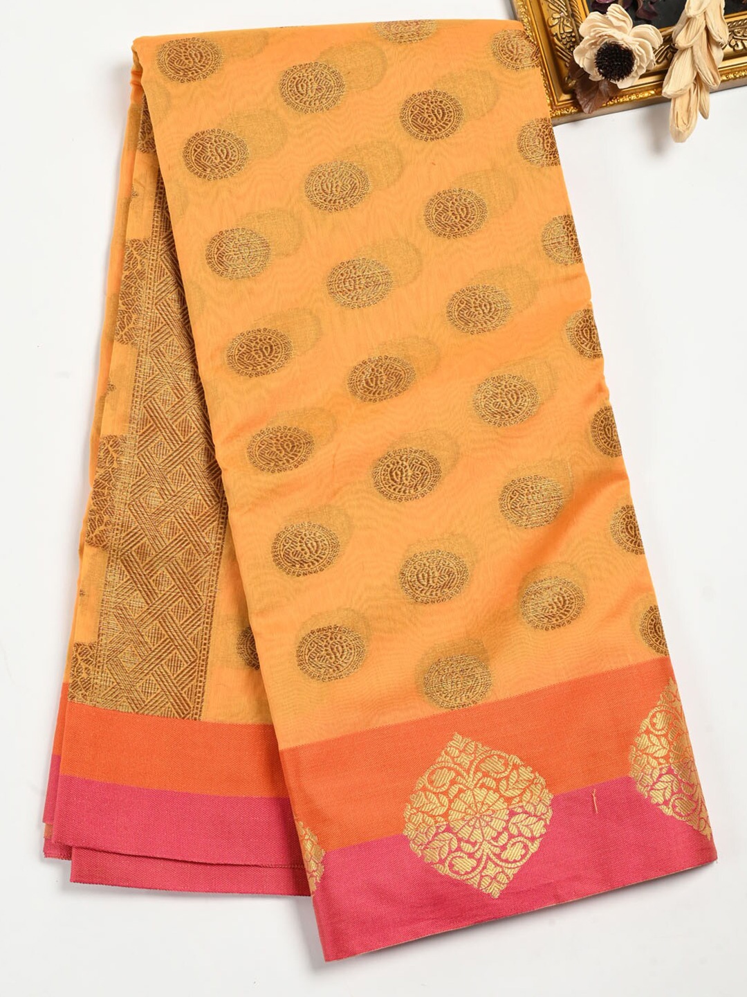 

Meena Bazaar Ethnic Motifs Woven Design Zari Pure Cotton Saree, Mustard