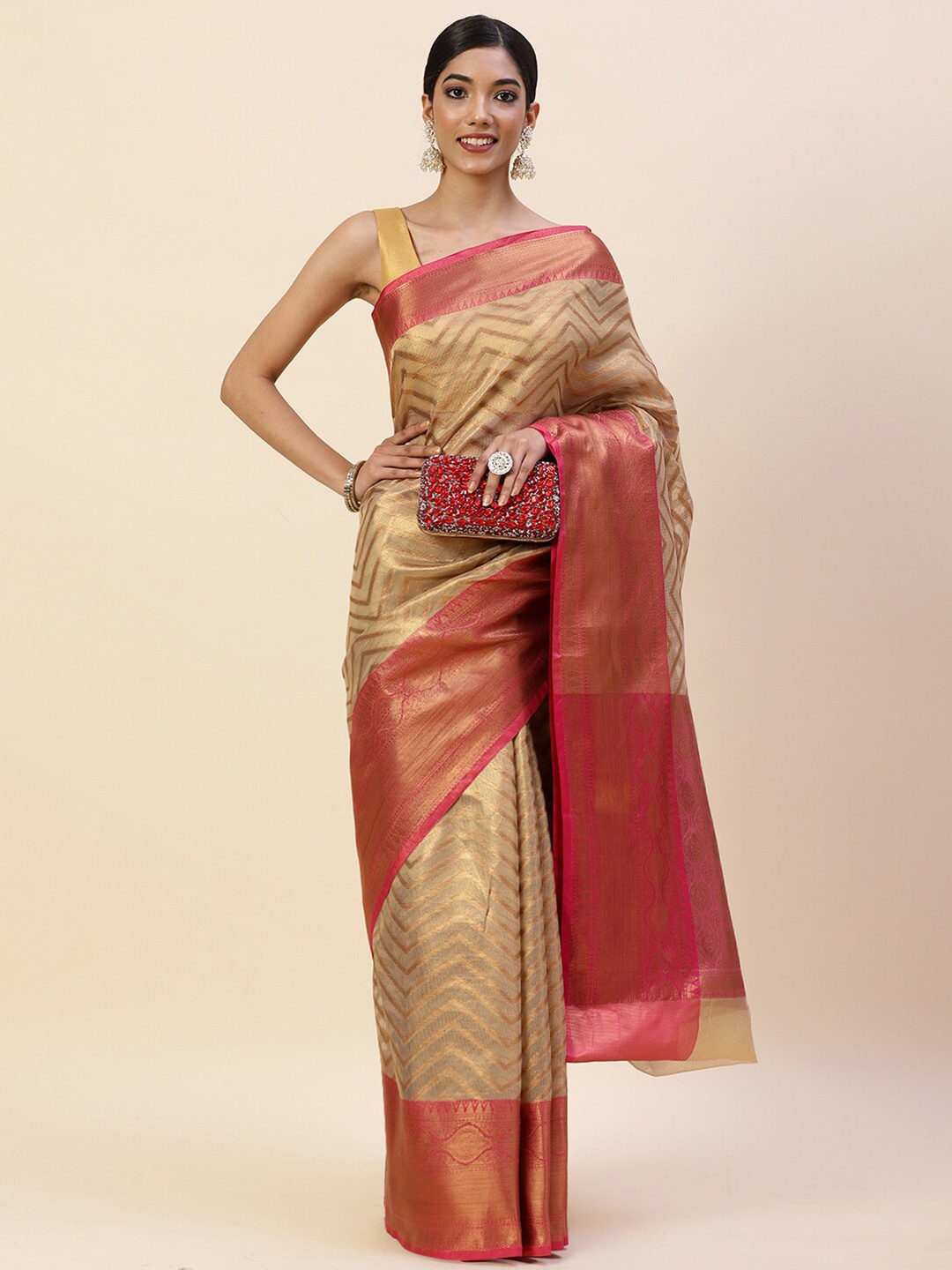 

Meena Bazaar Chevron Woven Design Zari Pure Cotton Saree, Beige