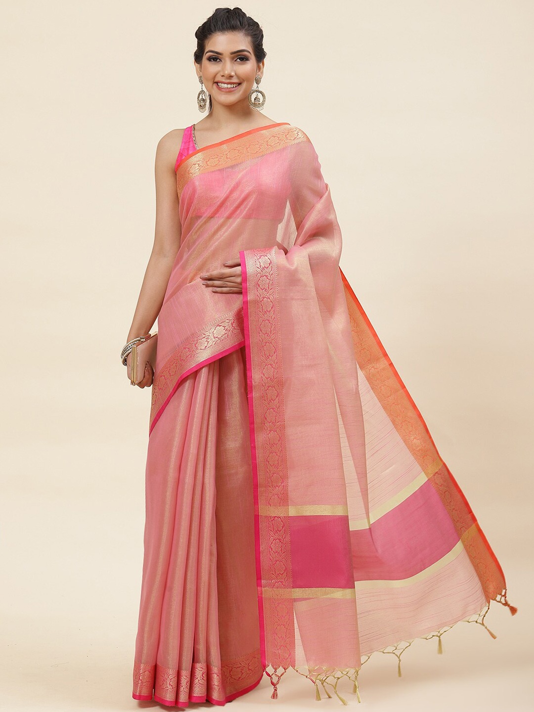 

Meena Bazaar Woven Design Zari Pure Cotton Saree, Pink