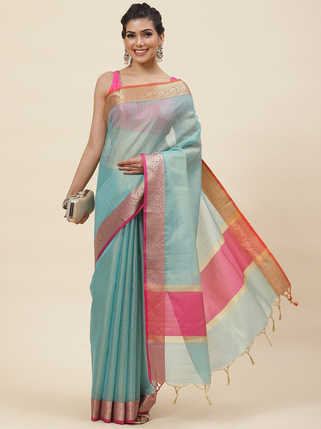

Meena Bazaar Zari Pure Cotton Saree, Blue
