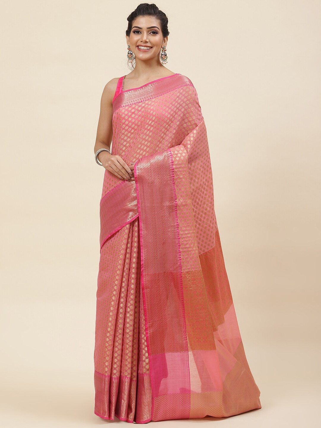 

Meena Bazaar Ethinic Motifs Woven Design Zari Pure Cotton Saree, Pink