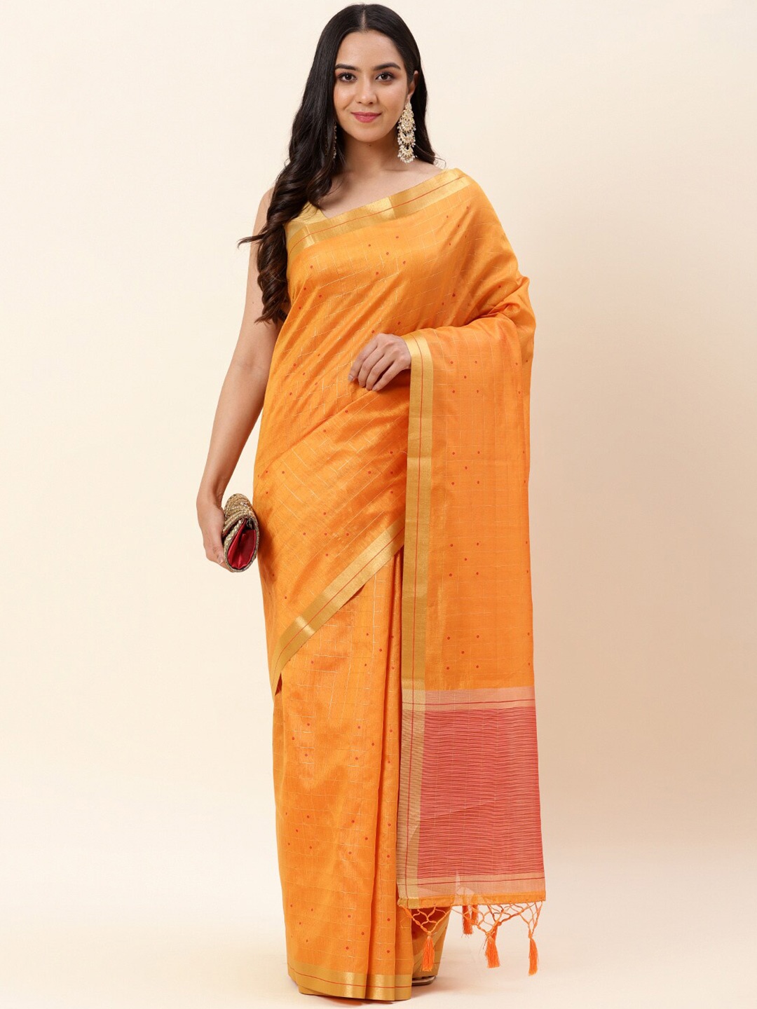 

Meena Checked Woven Design Zari Art Silk Saree, Mustard