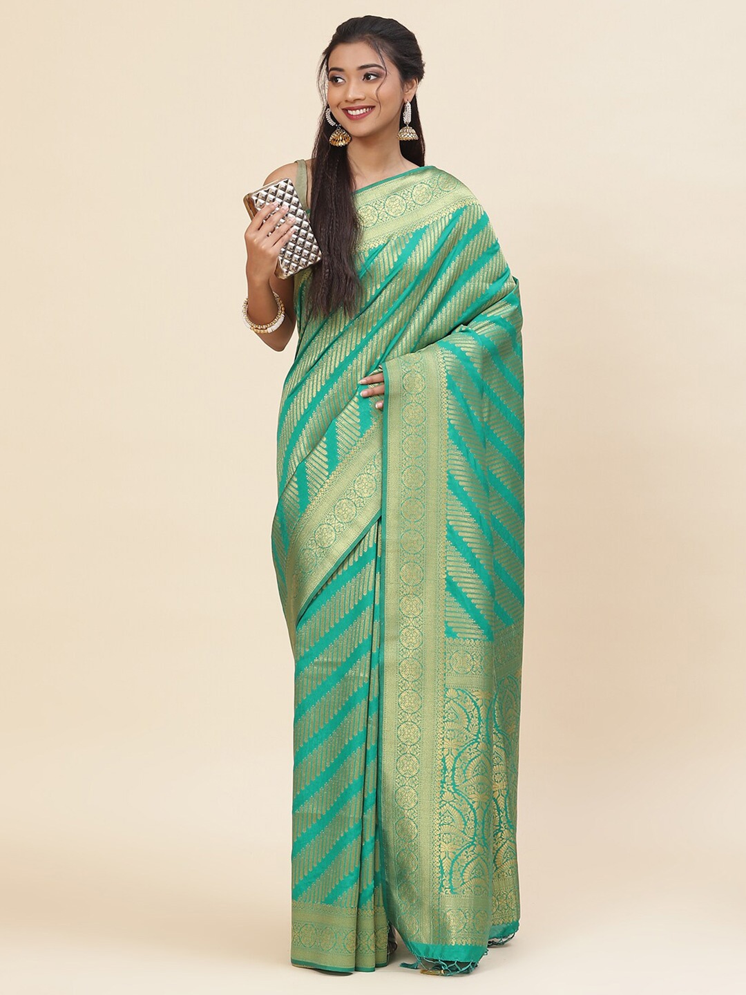 

Meena Bazaar Striped Woven Design Zari Art Silk Saree, Green