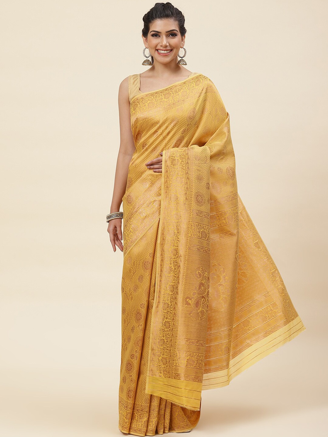 

Meena Bazaar Ethnic Motifs Woven Design Zari Pure Cotton Saree, Mustard