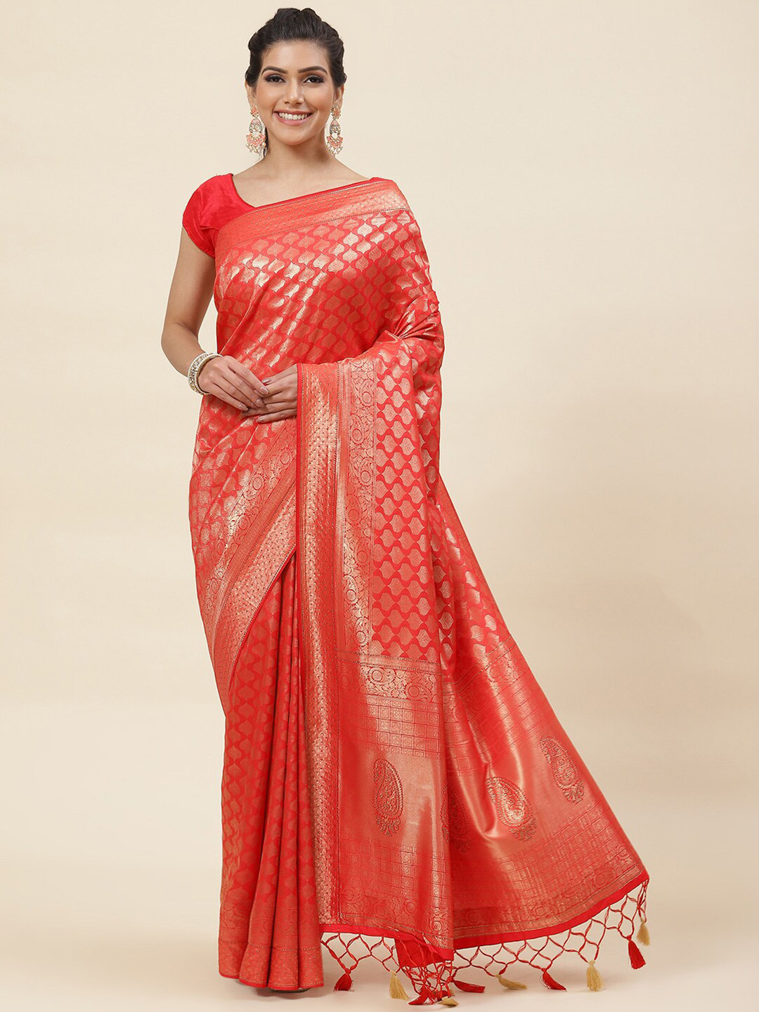

Meena Bazaar Ethnic Motifs Woven Design Zari Art Silk Saree, Red