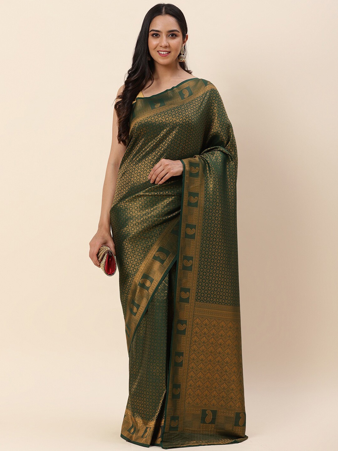 

Meena Bazaar Ethnic Motifs Woven Design Zari Art Silk Saree, Green