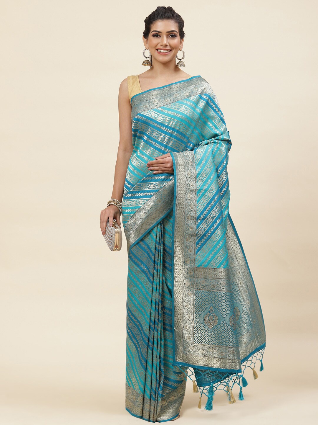 

Meena Bazaar Ethnic Motifs Woven Design Zari Pure Silk Saree, Blue