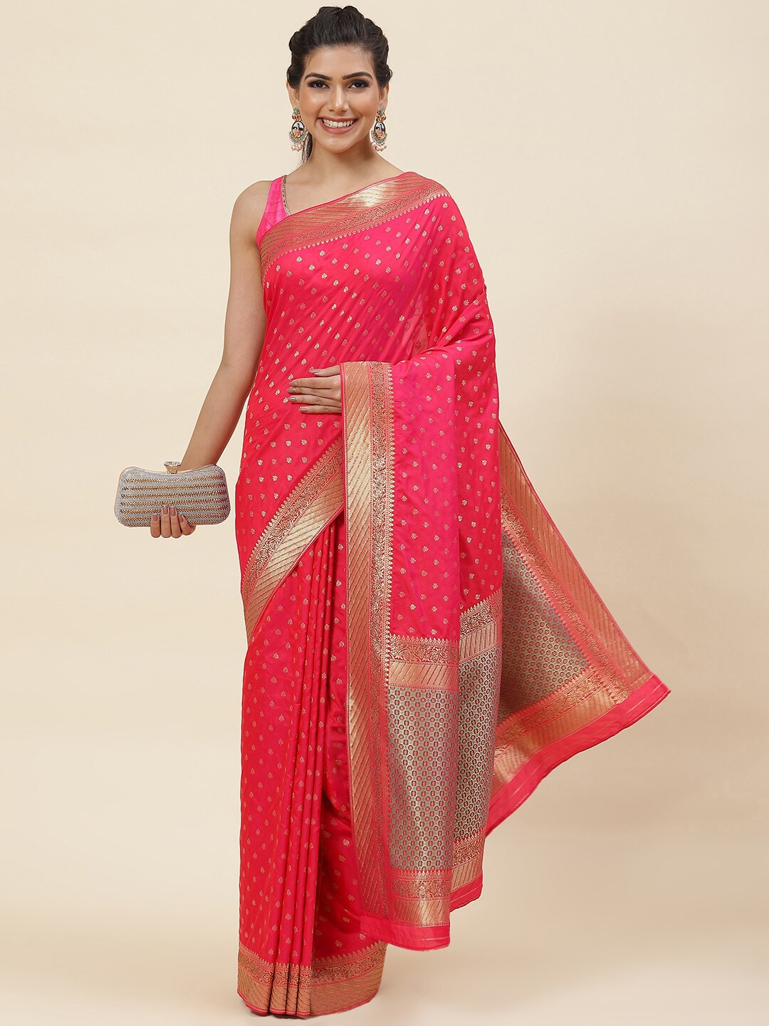 

Meena Bazaar Ethnic Motifs Woven Design Zari Pure Silk Saree, Pink
