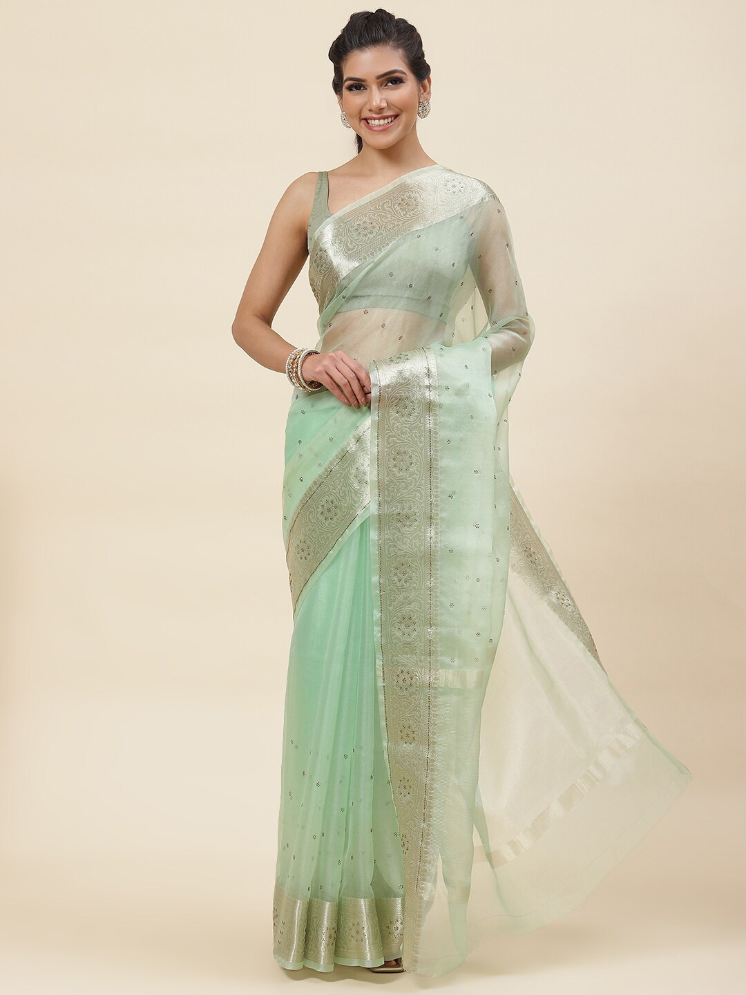 

Meena Bazaar Ethnic Motifs Embellished Beads and Stones Organza Saree, Green