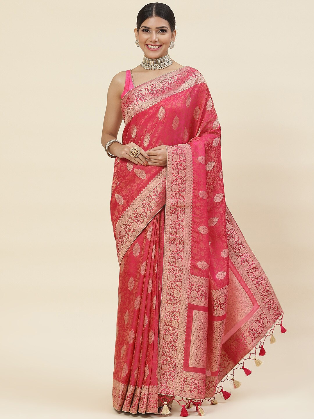 

Meena Bazaar Ethnic Motif Woven Design Zari Organza Saree, Pink