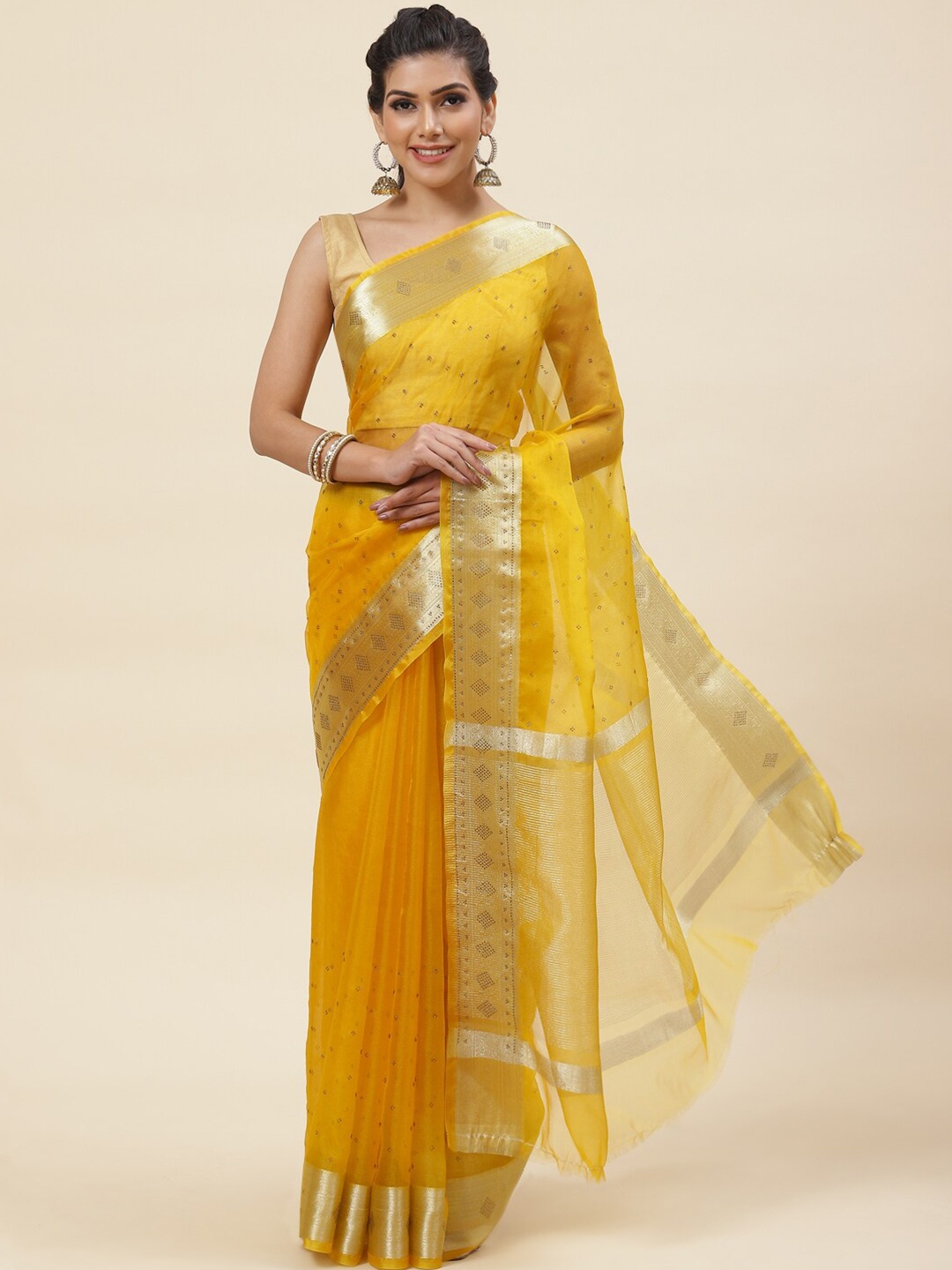 

Meena Bazaar Embellished Beads and Stones Organza Saree, Mustard