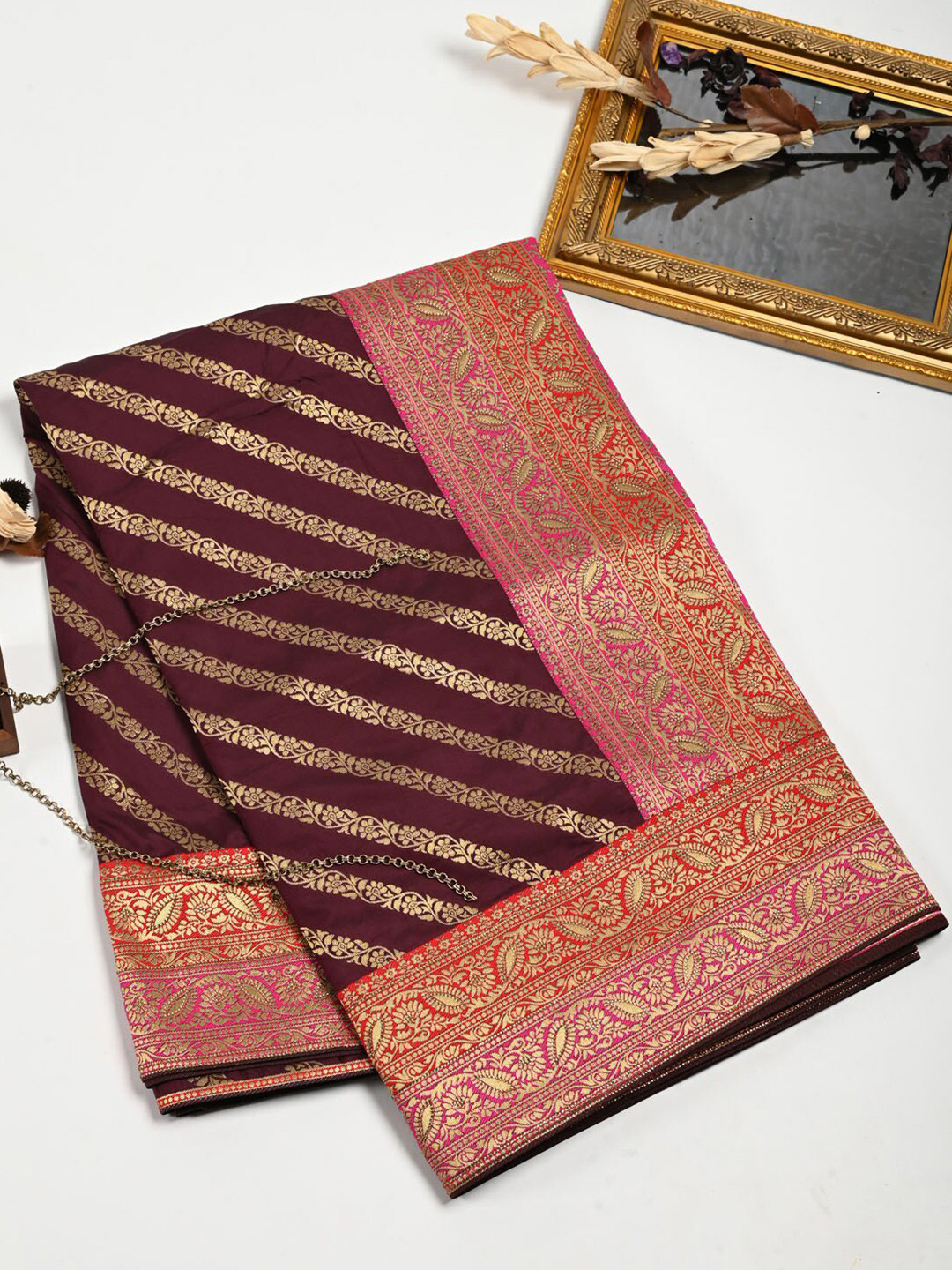 

Meena Bazaar Floral Motif Woven Design Zari Pure Silk Saree, Burgundy