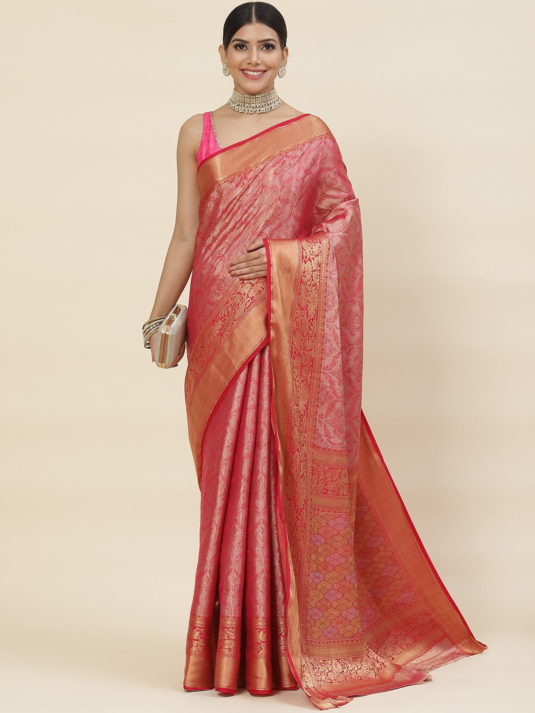 

Meena Bazaar Ethnic Motifs Woven Design Zari Art Silk Saree, Pink