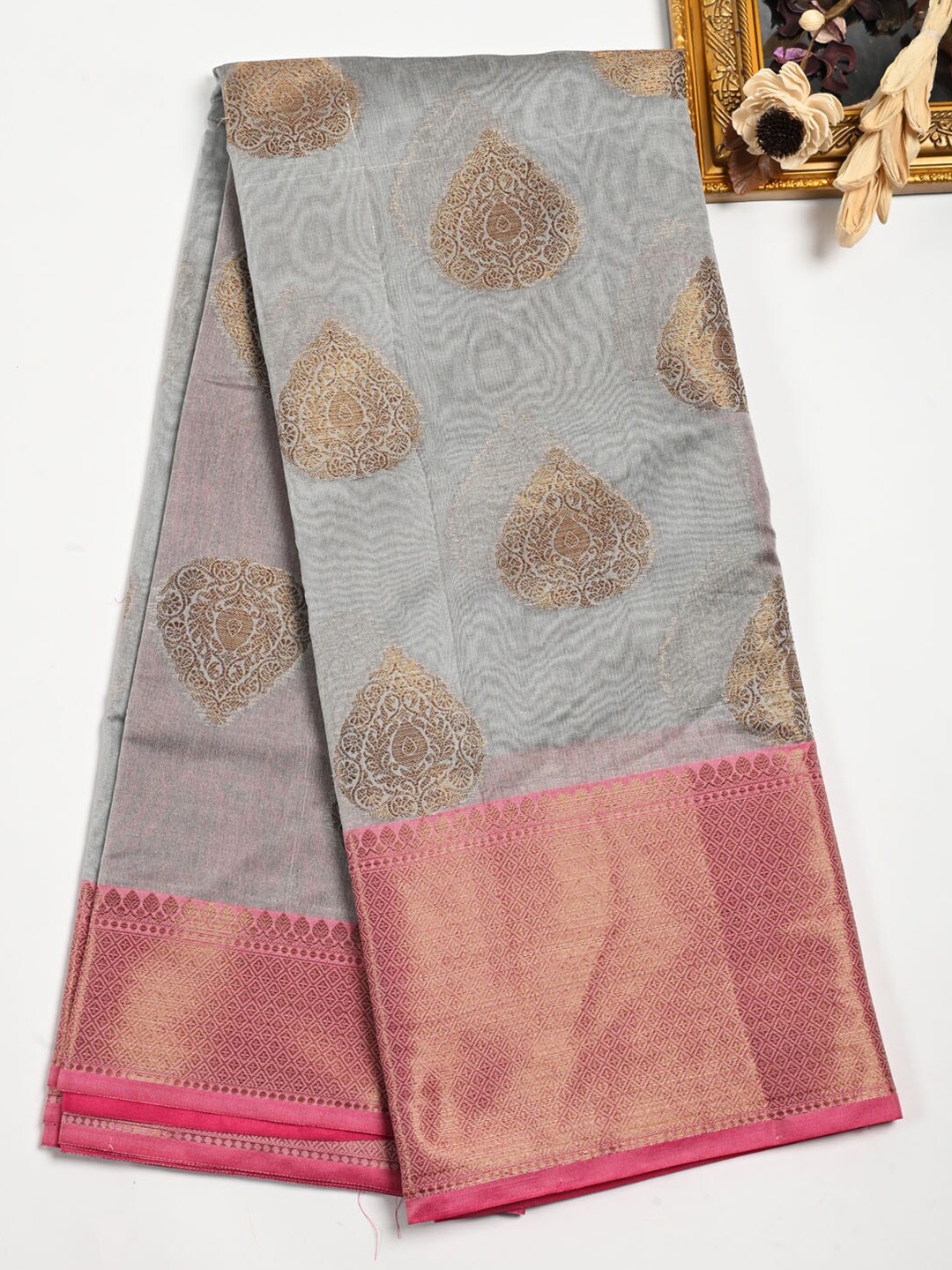 

Meena Bazaar Ethnic Motifs Woven Design Zari Pure Cotton Saree, Grey