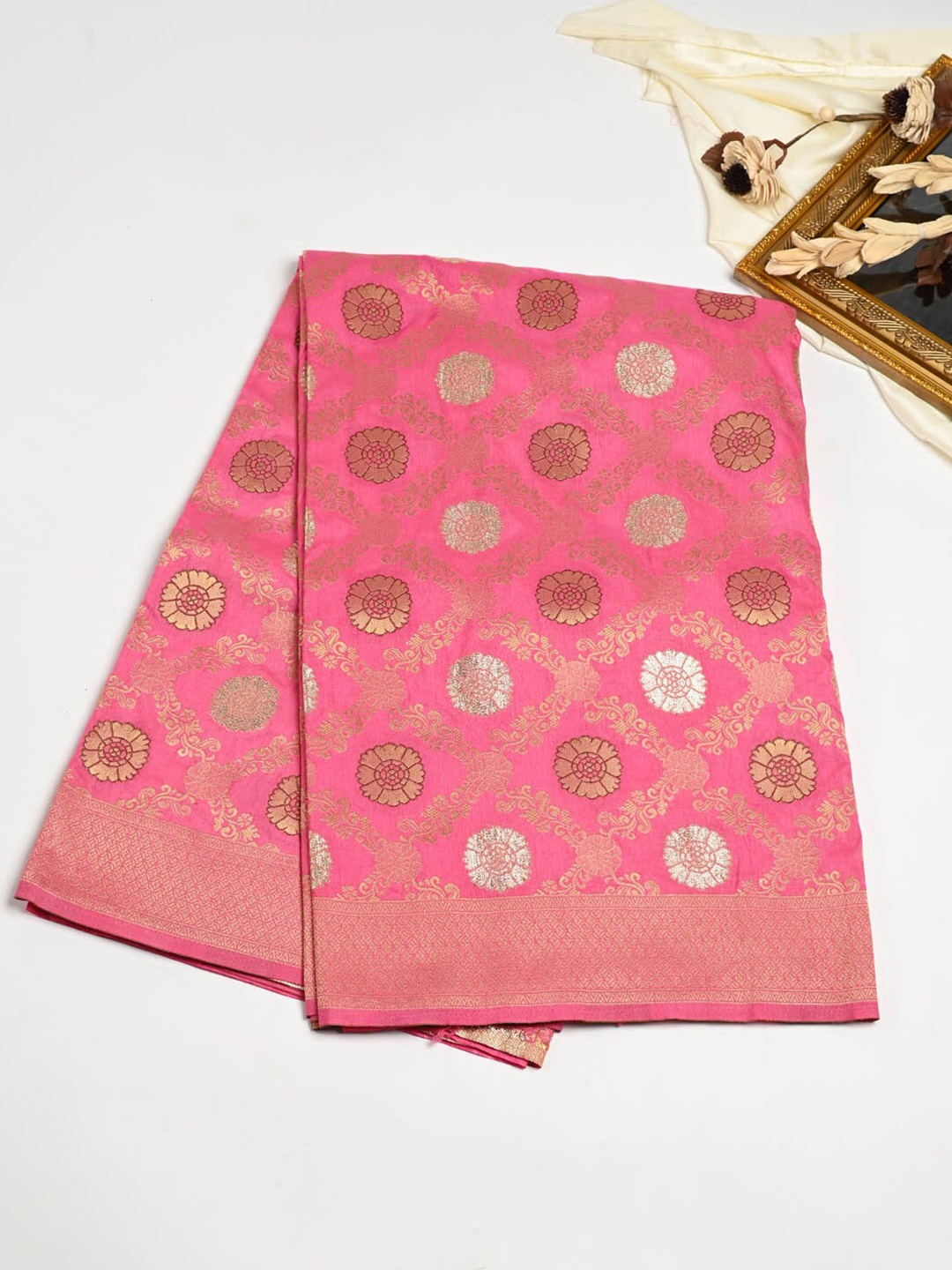 

Meena Bazaar Floral Woven Design Zari Saree, Pink