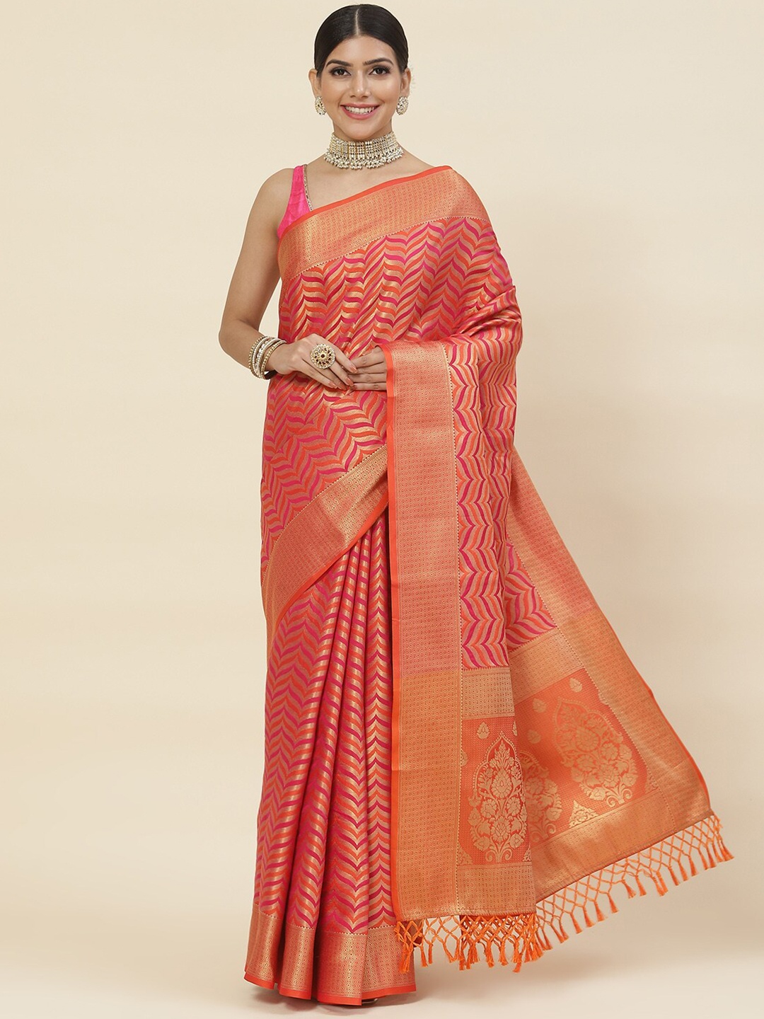

Meena Bazaar Chevron Woven Design Zari Pure Cotton Saree, Pink