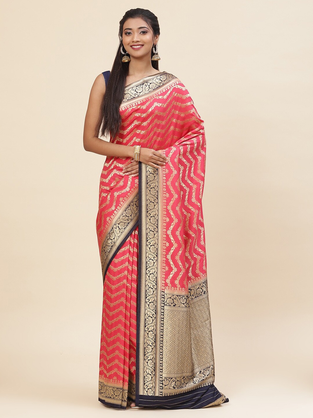 

Meena Bazaar Geometric Woven Design Zari Saree, Fuchsia