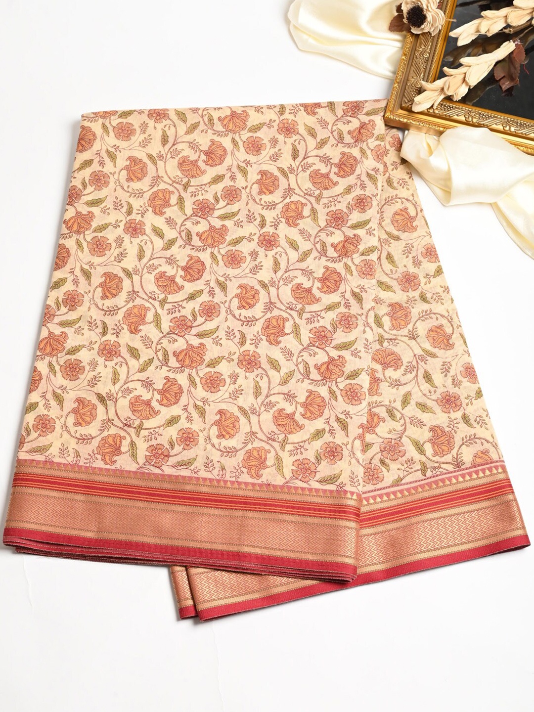 

Meena Bazaar Floral Printed Zari Pure Cotton Saree, Beige