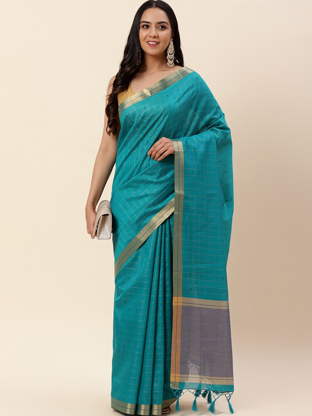 

Meena Bazaar Checked Woven Design Zari Saree, Green