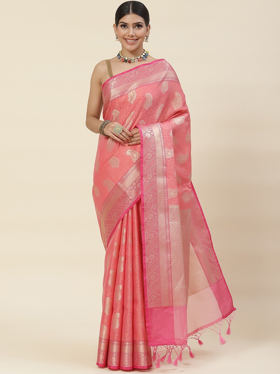

Meena Bazaar Paisley Woven Design Zari Pure Cotton Saree, Pink