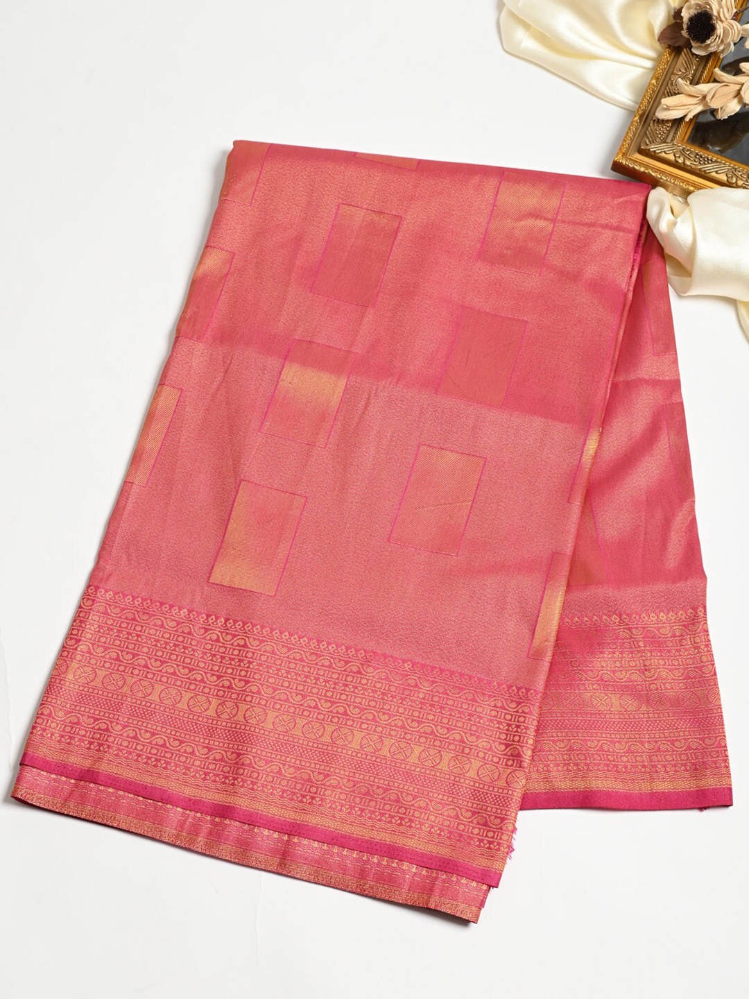 

Meena Bazaar Geometric Woven Design Zari Saree, Pink