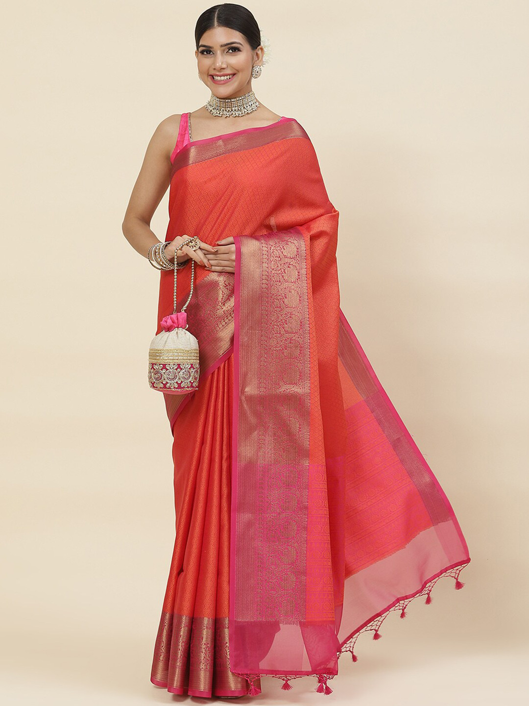 

Meena Bazaar Pink & Gold-Toned Woven Design Zari Pure Cotton Saree