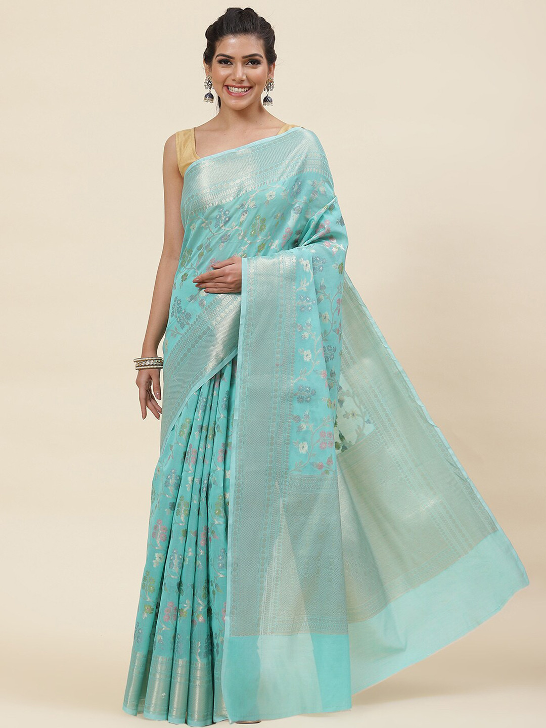 

Meena Bazaar Floral Woven Design Zari Pure Cotton Saree, Sea green