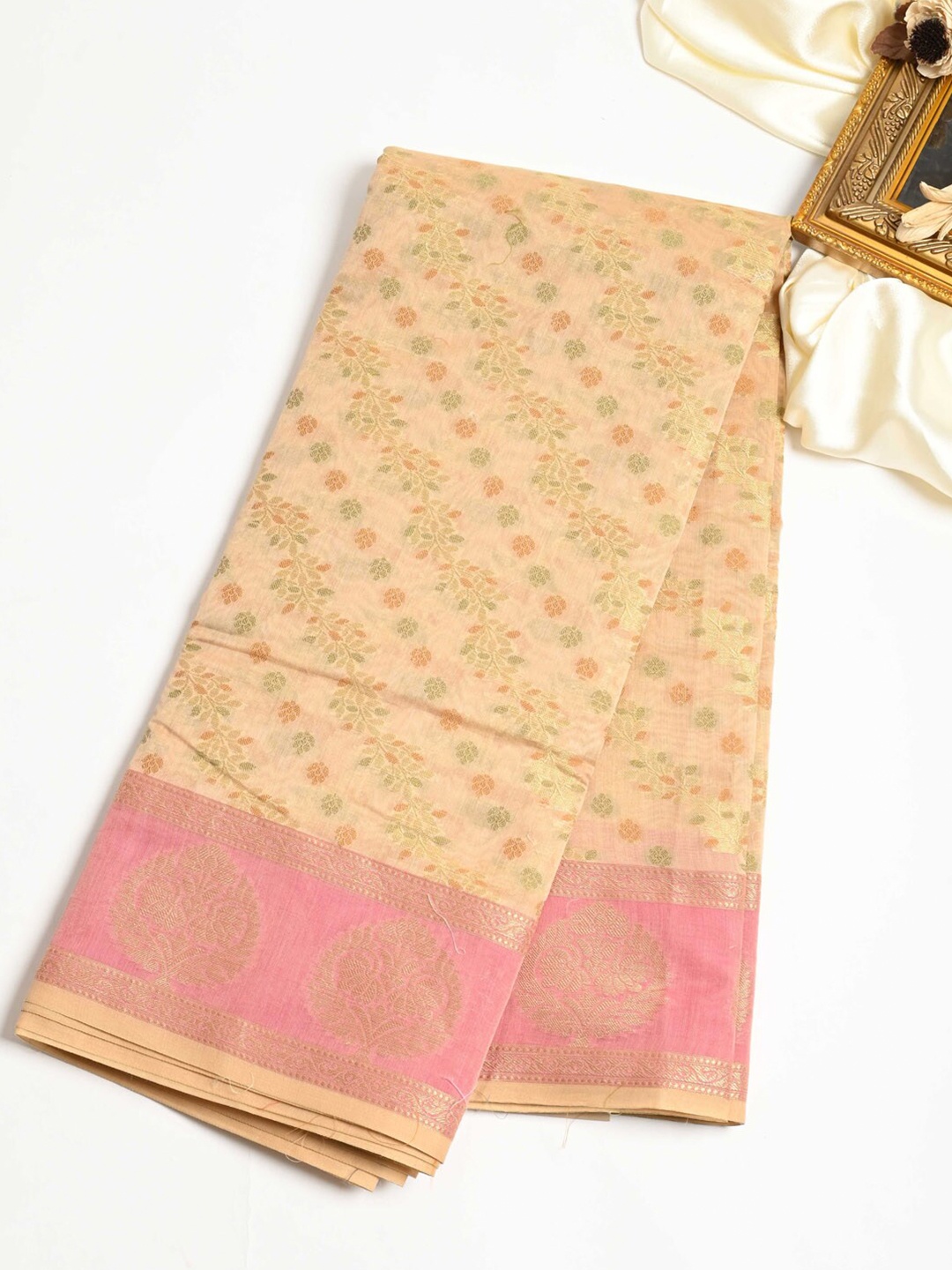 

Meena Bazaar Floral Woven Design Zari Pure Cotton Saree, Beige