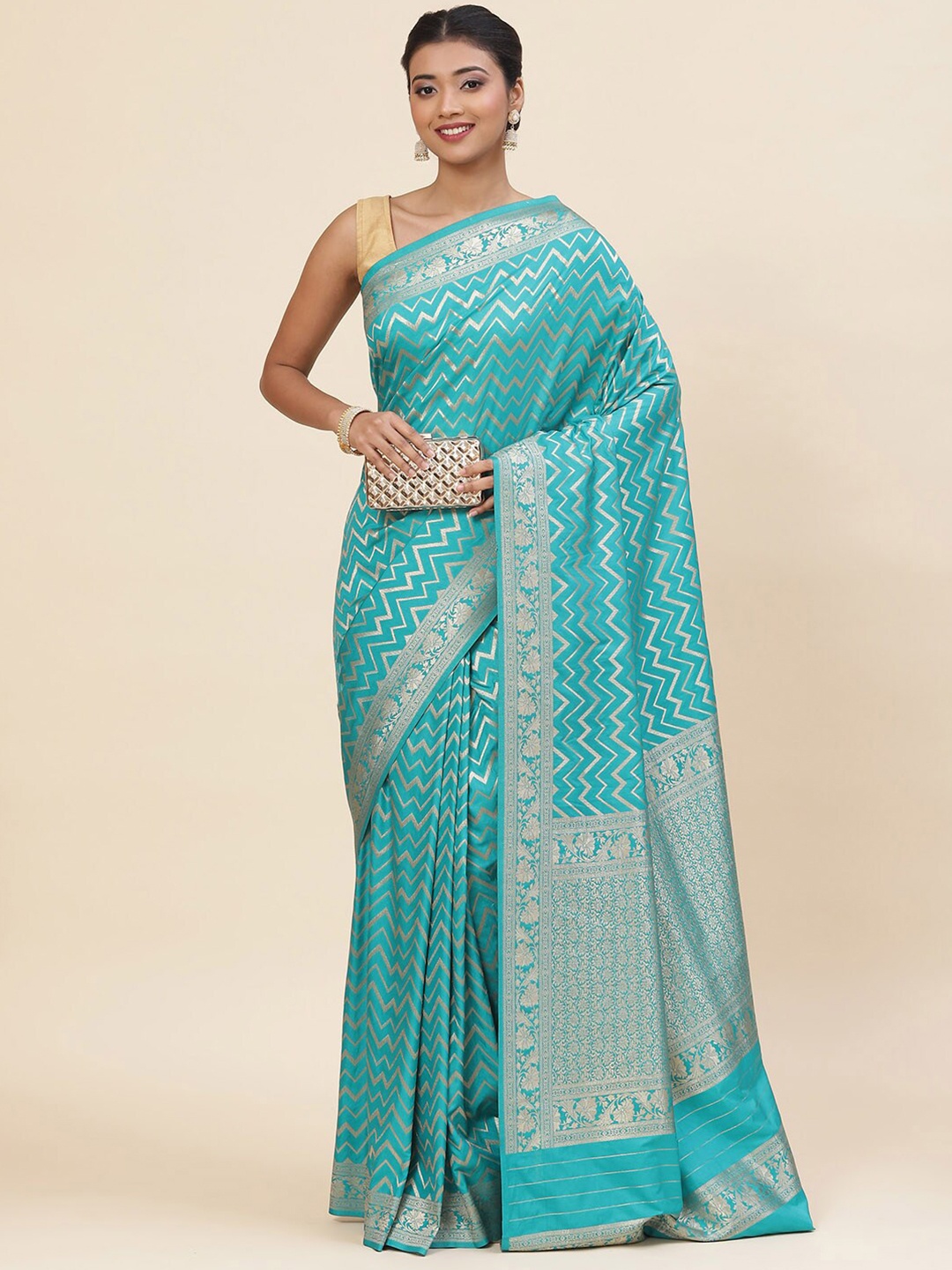 

Meena Bazaar Geometric Woven Design Zari Saree, Turquoise blue