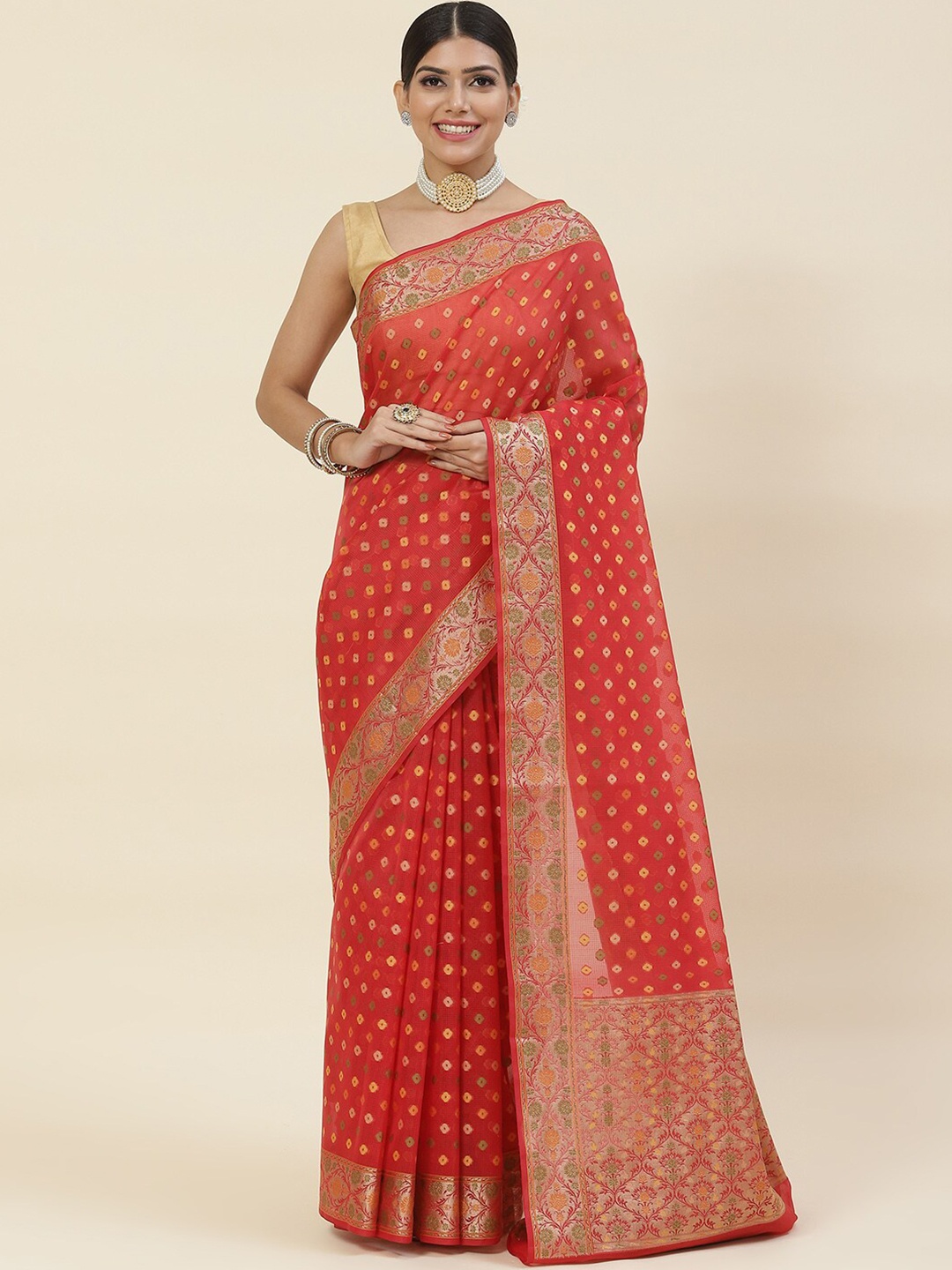

Meena Bazaar Bandhani Woven Design Pure Cotton Saree, Red