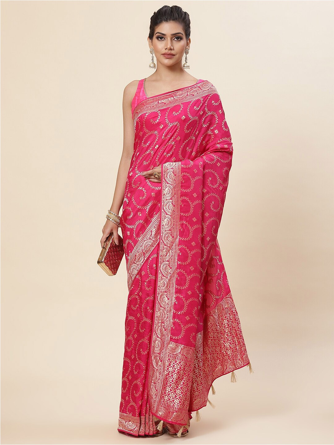

Meena Bazaar Woven Design Zari Art Silk Saree, Pink