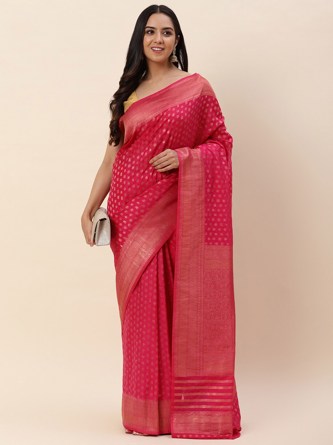 

Meena Bazaar Ethnic Motifs Woven Design Zari Art Silk Saree, Pink
