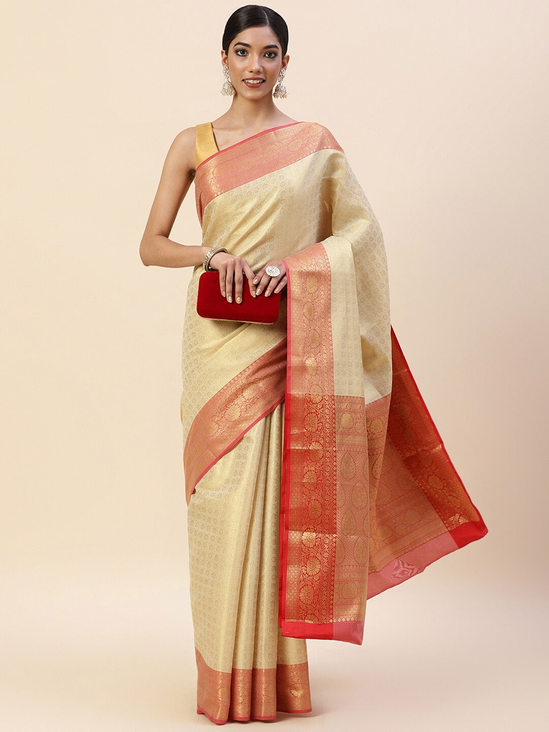 

Meena Bazaar Floral Woven Design Zari Pure Cotton Saree, Beige