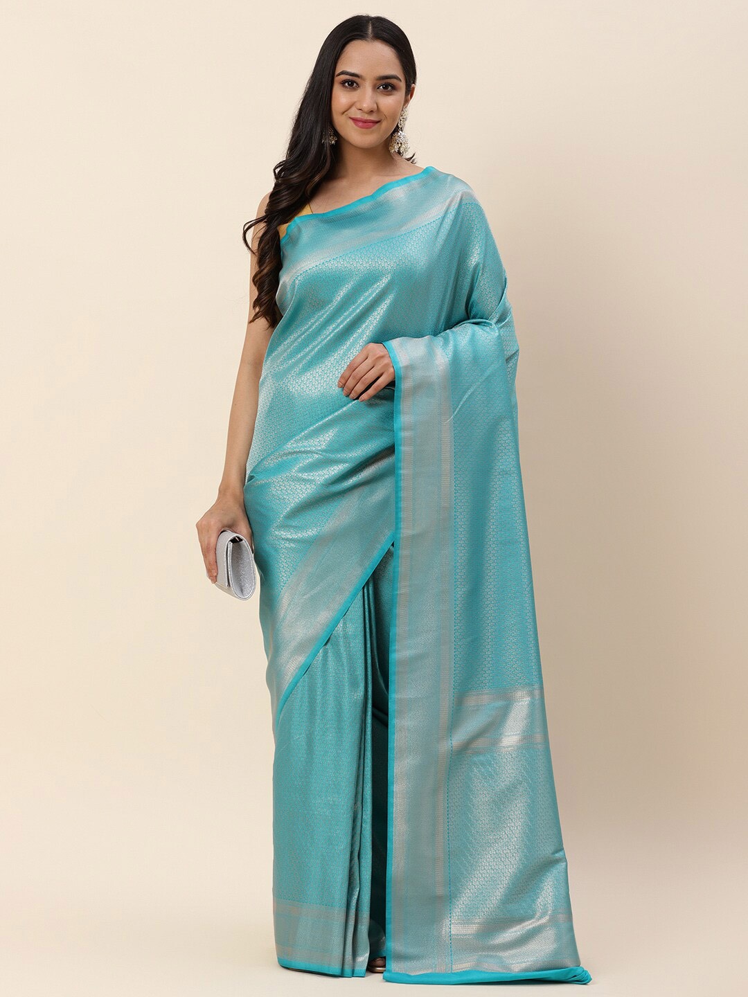 

Meena Bazaar Floral Woven Design Zari Saree, Turquoise blue