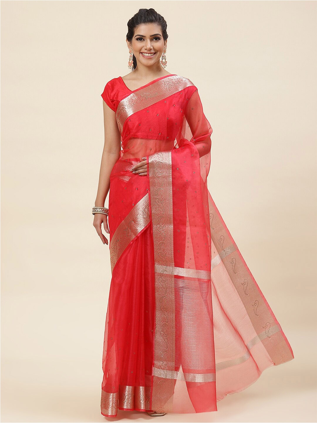 

Meena Bazaar Embellished Beads & Stones Organza Saree, Red