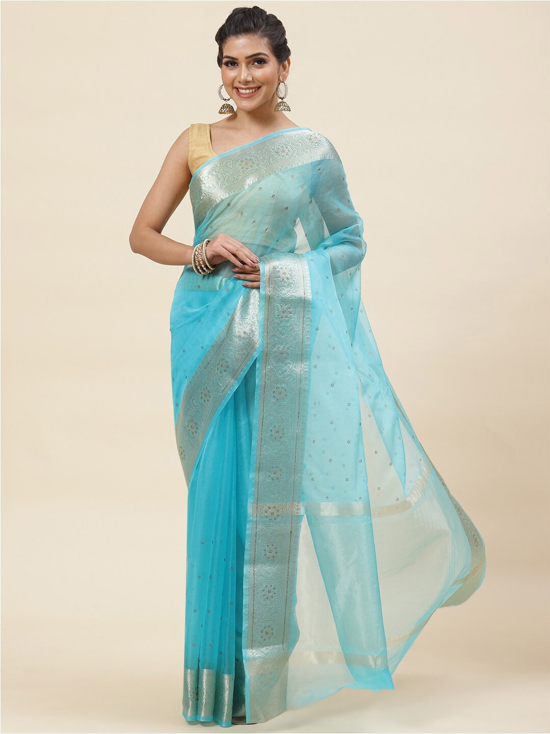 

Meena Bazaar Embellished Beads and Stones Organza Saree, Blue