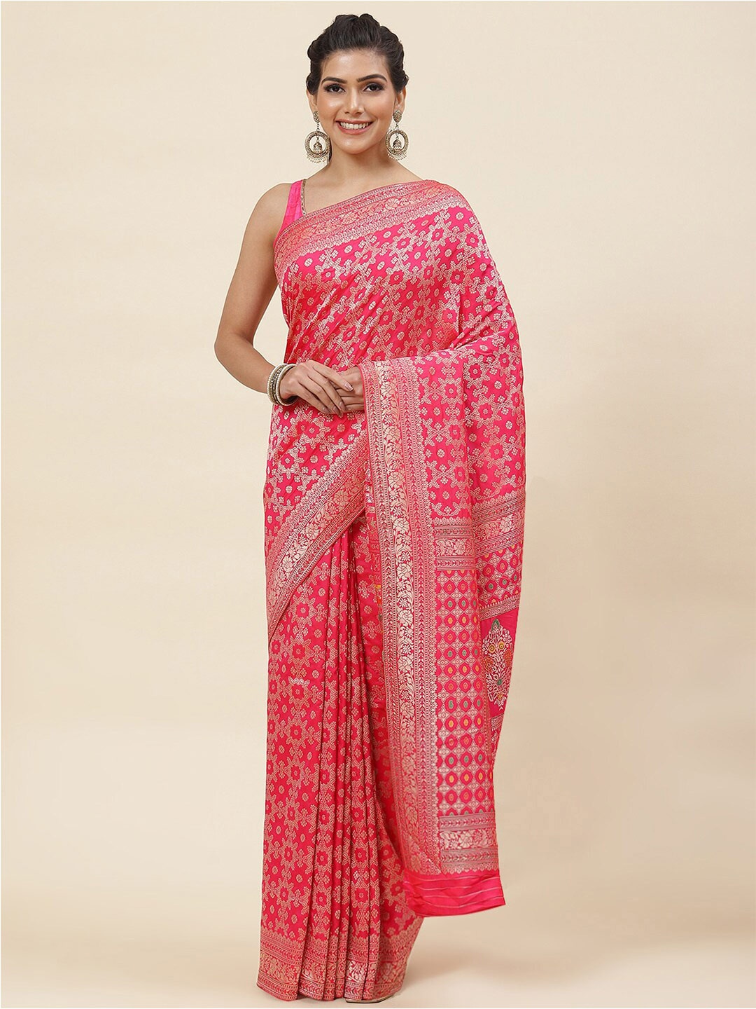 

Meena Bazaar Floral Woven Design Zari Pure Silk Saree, Fuchsia