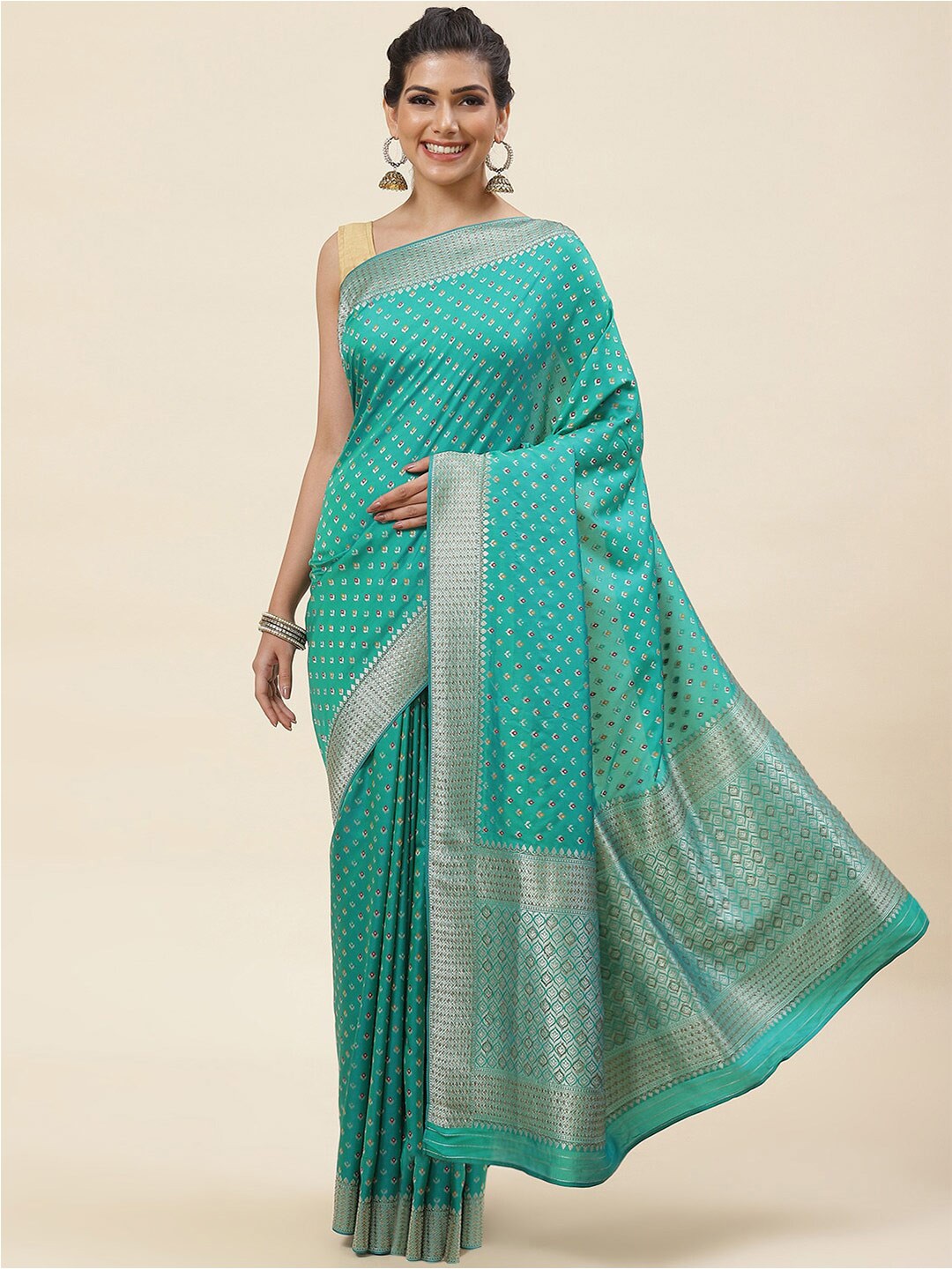 

Meena Bazaar Ethnic Moif Woven Design Zari Pure Silk Saree, Green