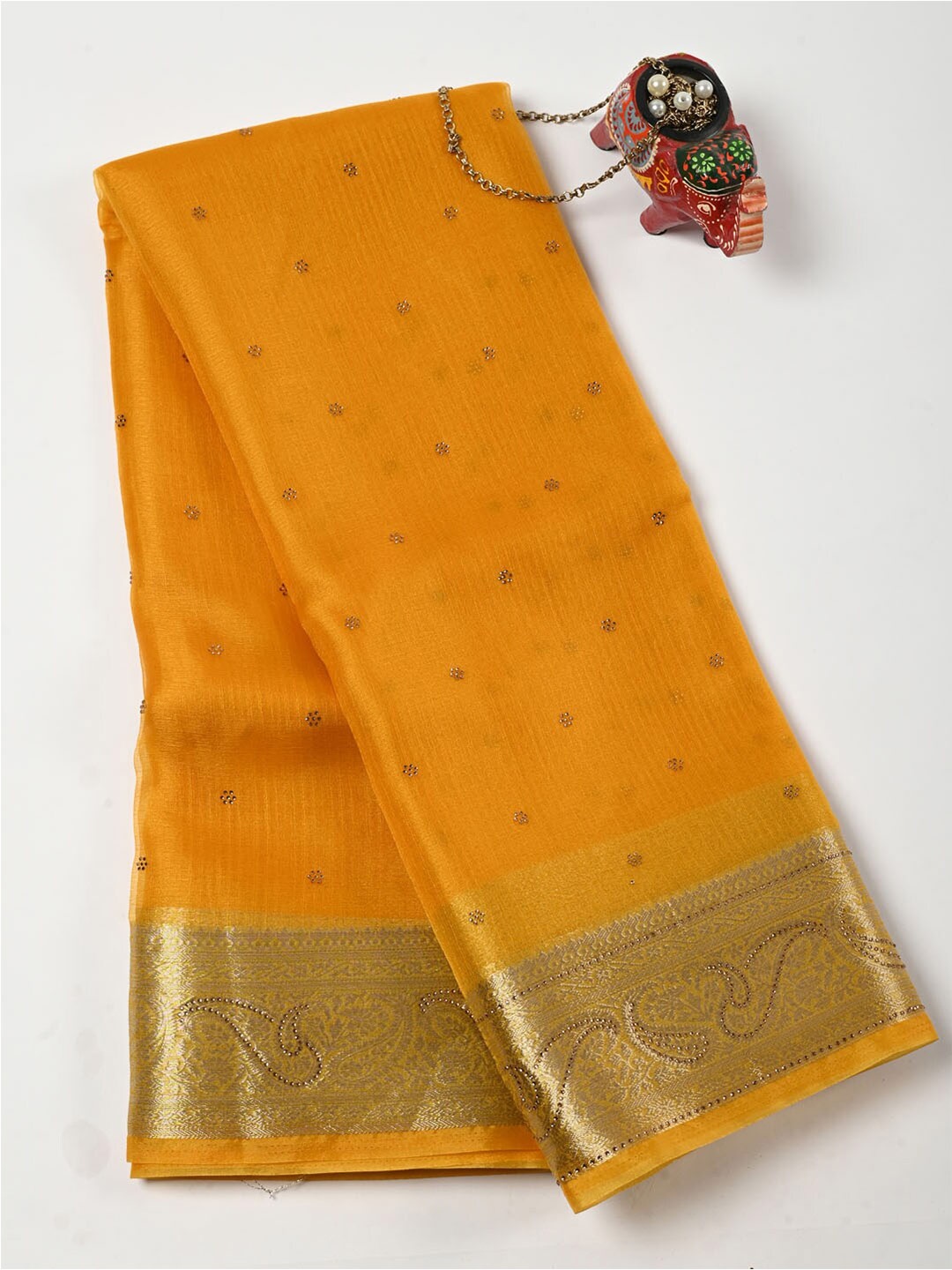

Meena Bazaar Embellished Beads and Stones Organza Saree, Mustard