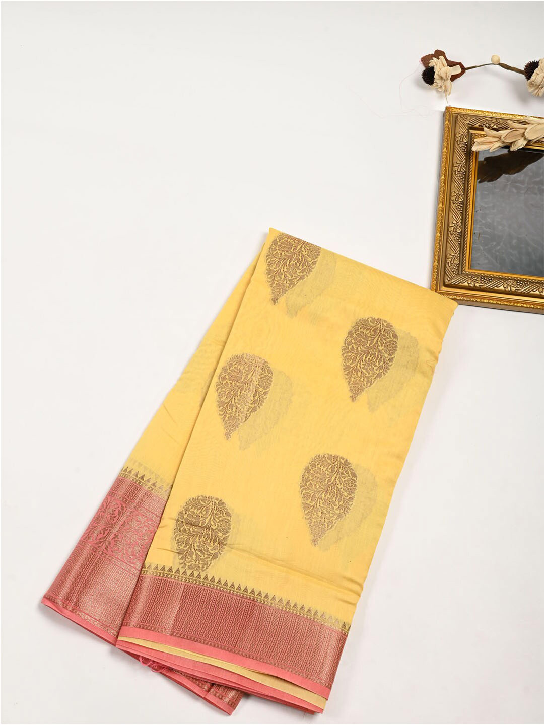 

Meena Bazaar Ethnic Motifs Woven Design Zari Pure Cotton Saree, Yellow