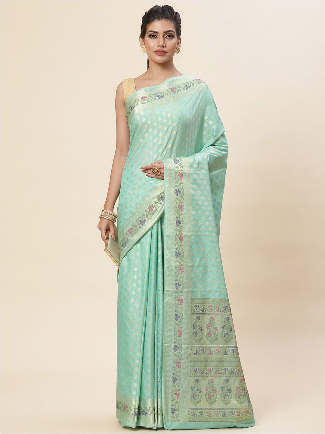 

Meena Bazaar Ethnic Motif Woven Design Zari Pure Cotton Saree, Sea green