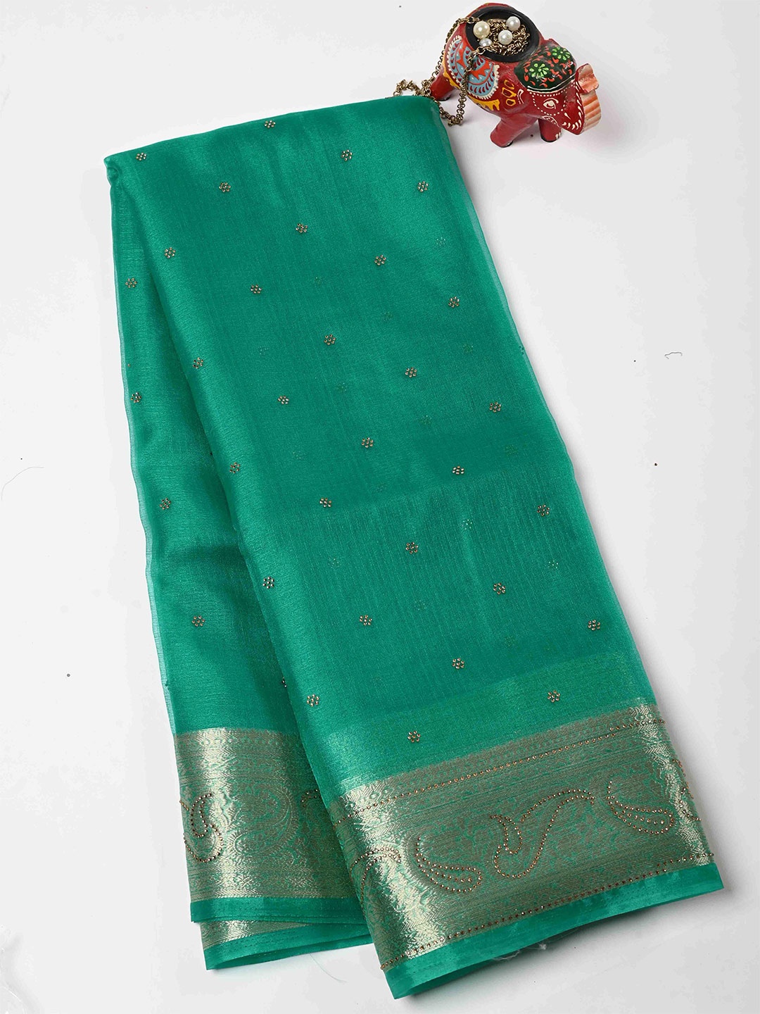 

Meena Bazaar Embellished Beads and Stones Organza Saree, Green