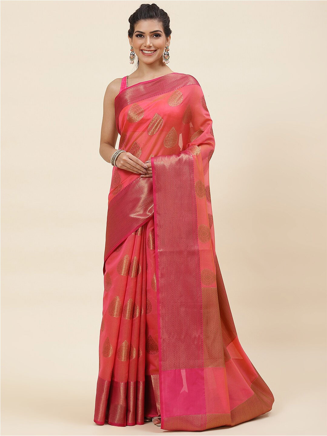 

Meena Bazaar Woven Design Zari Pure Cotton Saree, Pink