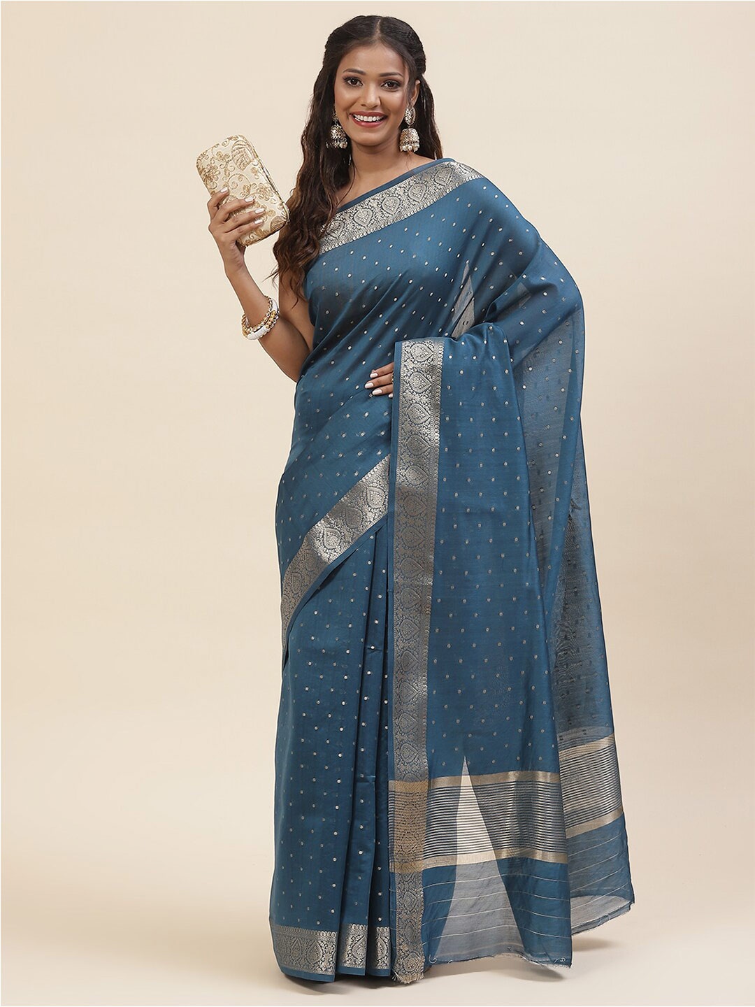 

Meena Bazaar Polka Dots Woven Design Zari Pure Cotton Saree, Blue