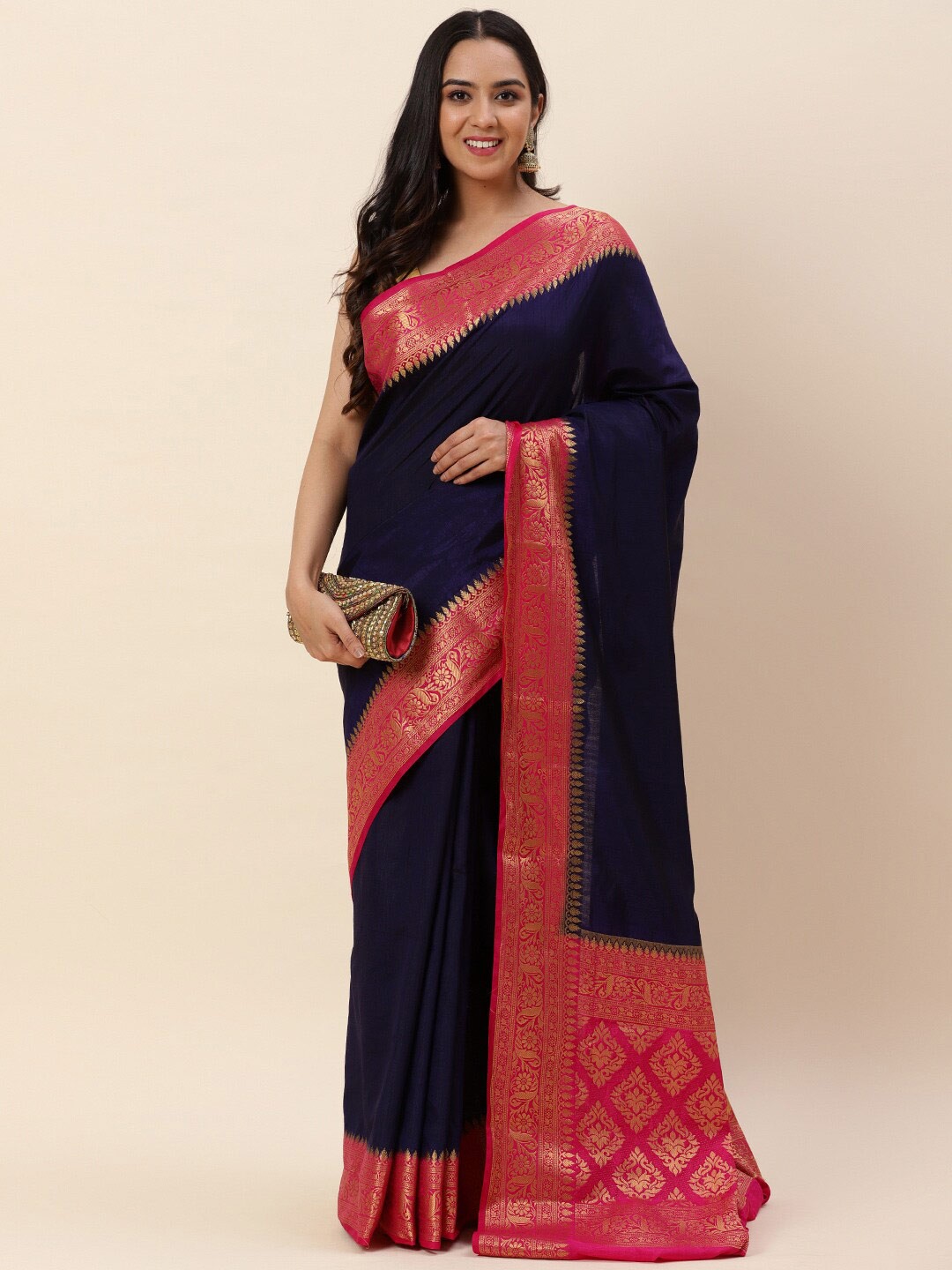 

Meena Bazaar Blue & Pink Zari Art Silk Saree