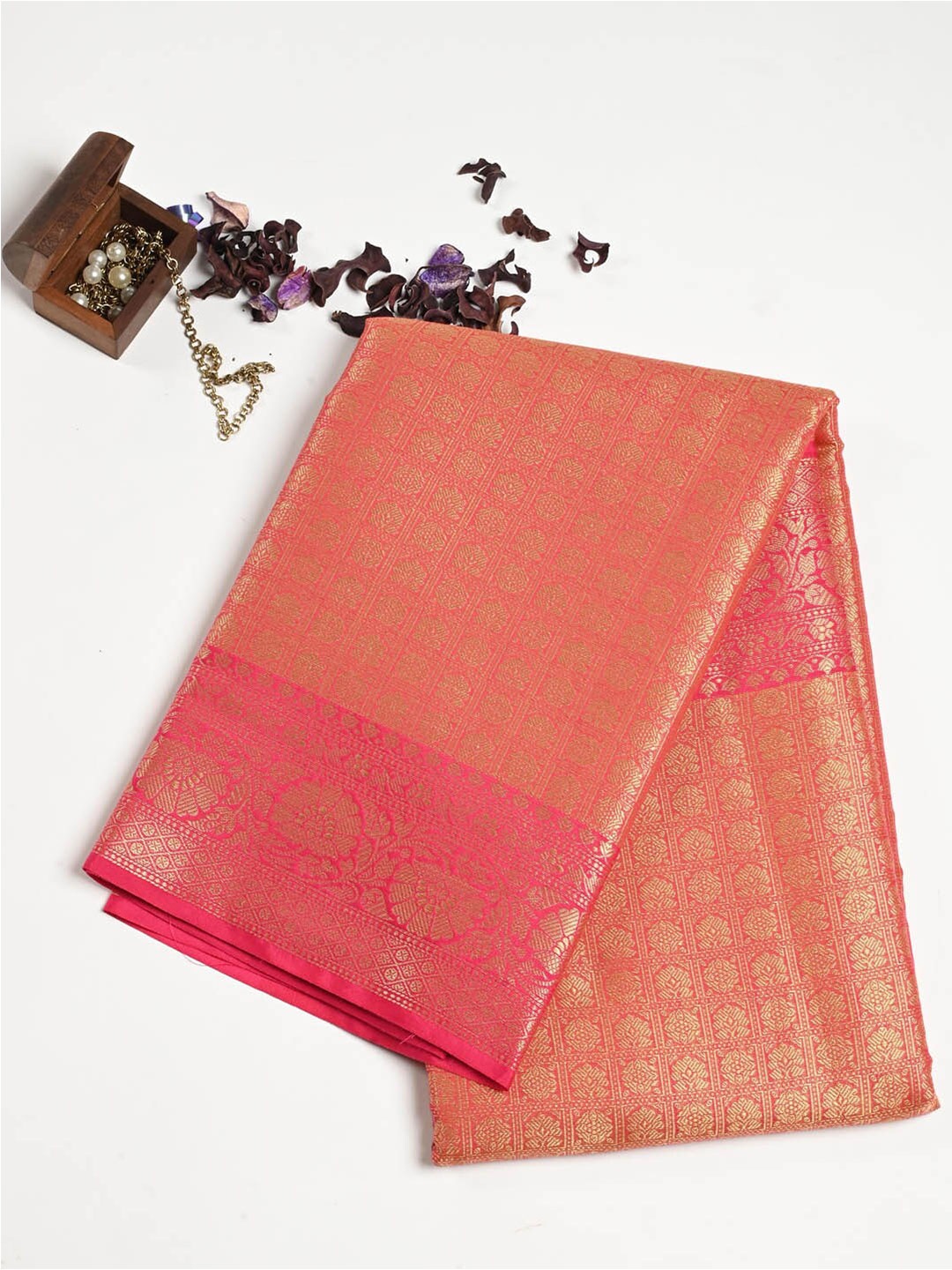 

Meena Bazaar Ethnic Motifs Woven Design Zari Pure Cotton Saree, Pink